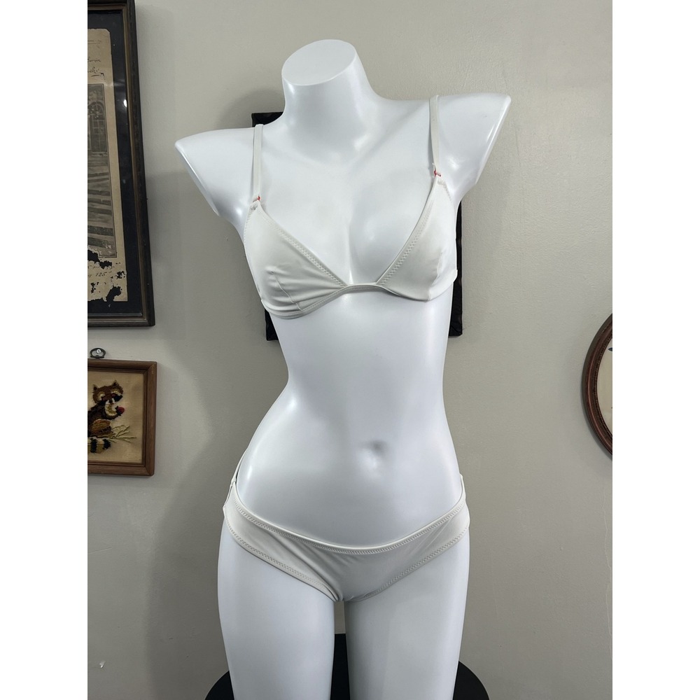 Solid & Striped White Bikini Set Orange Clasps Size S